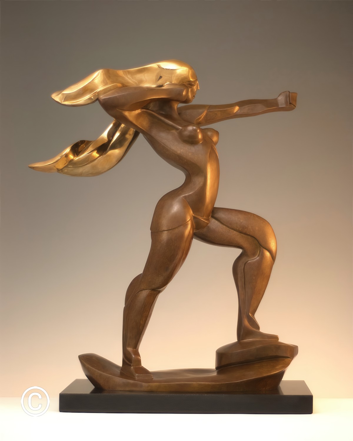 There have been many interpretations of the classic statue of Diana- Goddess of the Hunt.
Angelo has brought her into the 20th Century.
Diana’s hidden strength, determination and focus is presented in bold physical form. Her wide stance represents balance and power while being at full draw shows stability under tension. 
